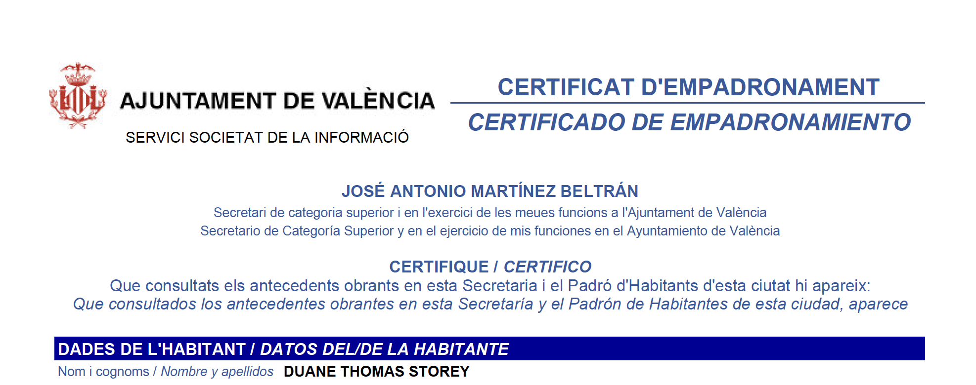 New Padrón Certificate